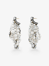 Jessica McCormack bunched pearl and diamond earrings with blackened gold bow details and clustered freshwater pearls in a sculptural drop design
