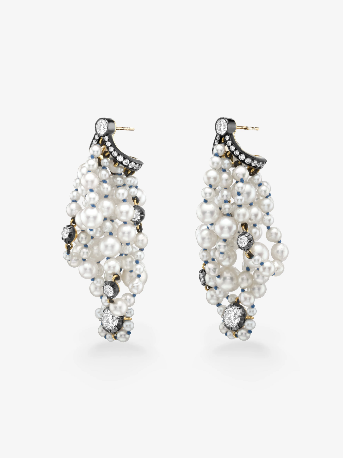 Jessica McCormack bunched pearl and diamond earrings with blackened gold bow details and clustered freshwater pearls in a sculptural drop design View 2