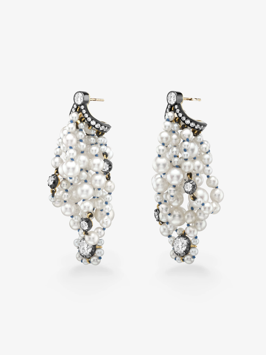 Jessica McCormack bunched pearl and diamond earrings with blackened gold bow details and clustered freshwater pearls in a sculptural drop design View 2