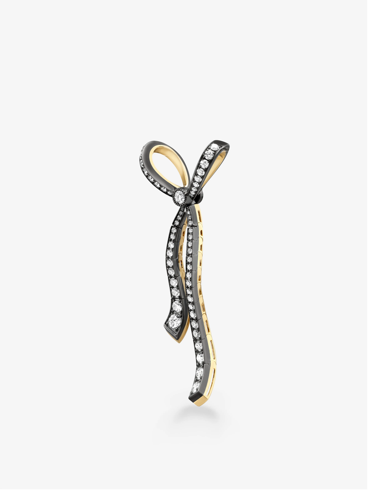 Jessica McCormack bow pendant featuring diamond set ribbon loops and trailing ends in contrasting blackened and yellow gold tones View 5