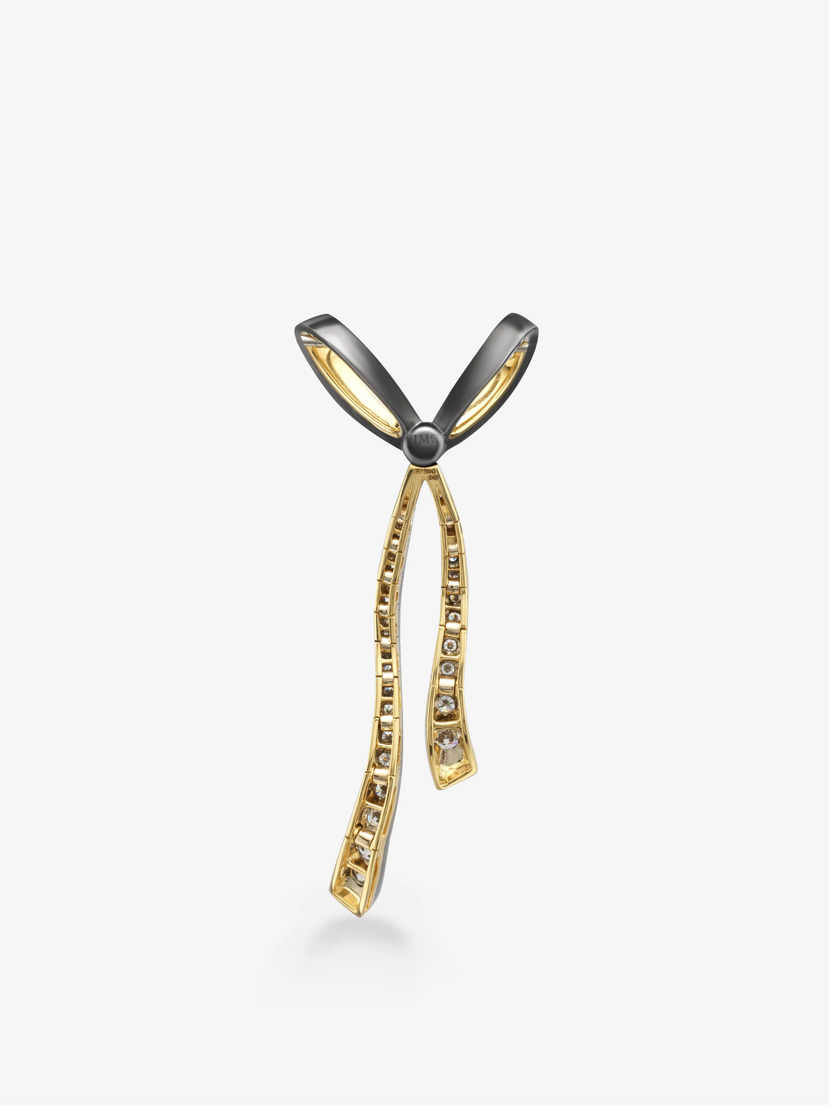 Jessica McCormack bow pendant in blackened and yellow gold, featuring diamond set ribbon loops and two long articulated tails View 4