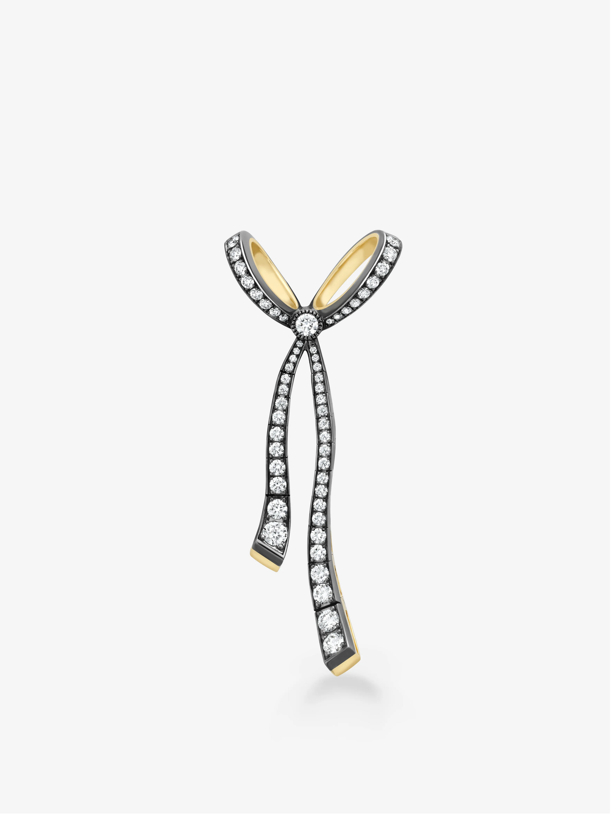 Jessica McCormack diamond ribbon pendant with two flowing loops, pavé diamond edges, a central diamond and contrasting yellow gold details in an antique inspired design View 1