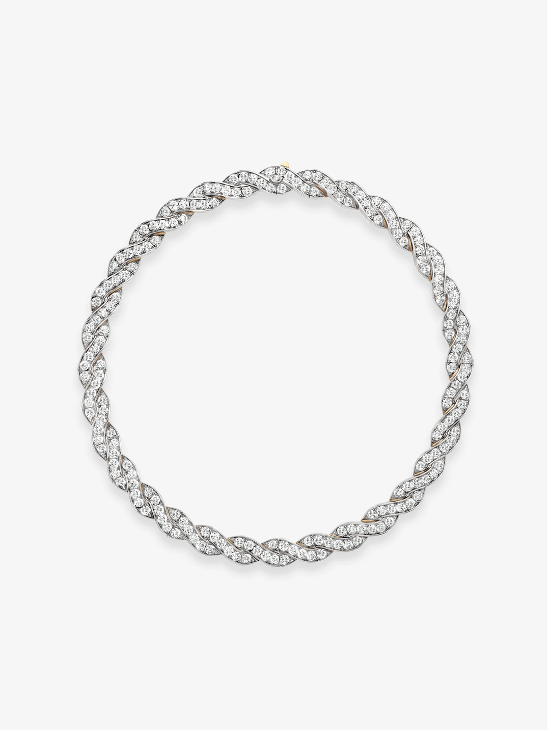 Jessica McCormack diamond and white gold ribbon necklace with interwoven bow inspired links arranged in a continuous circular design  View 1