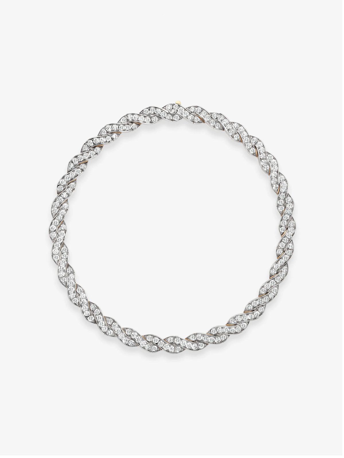 Jessica McCormack diamond and white gold ribbon necklace with interwoven bow inspired links arranged in a continuous circular design View 1