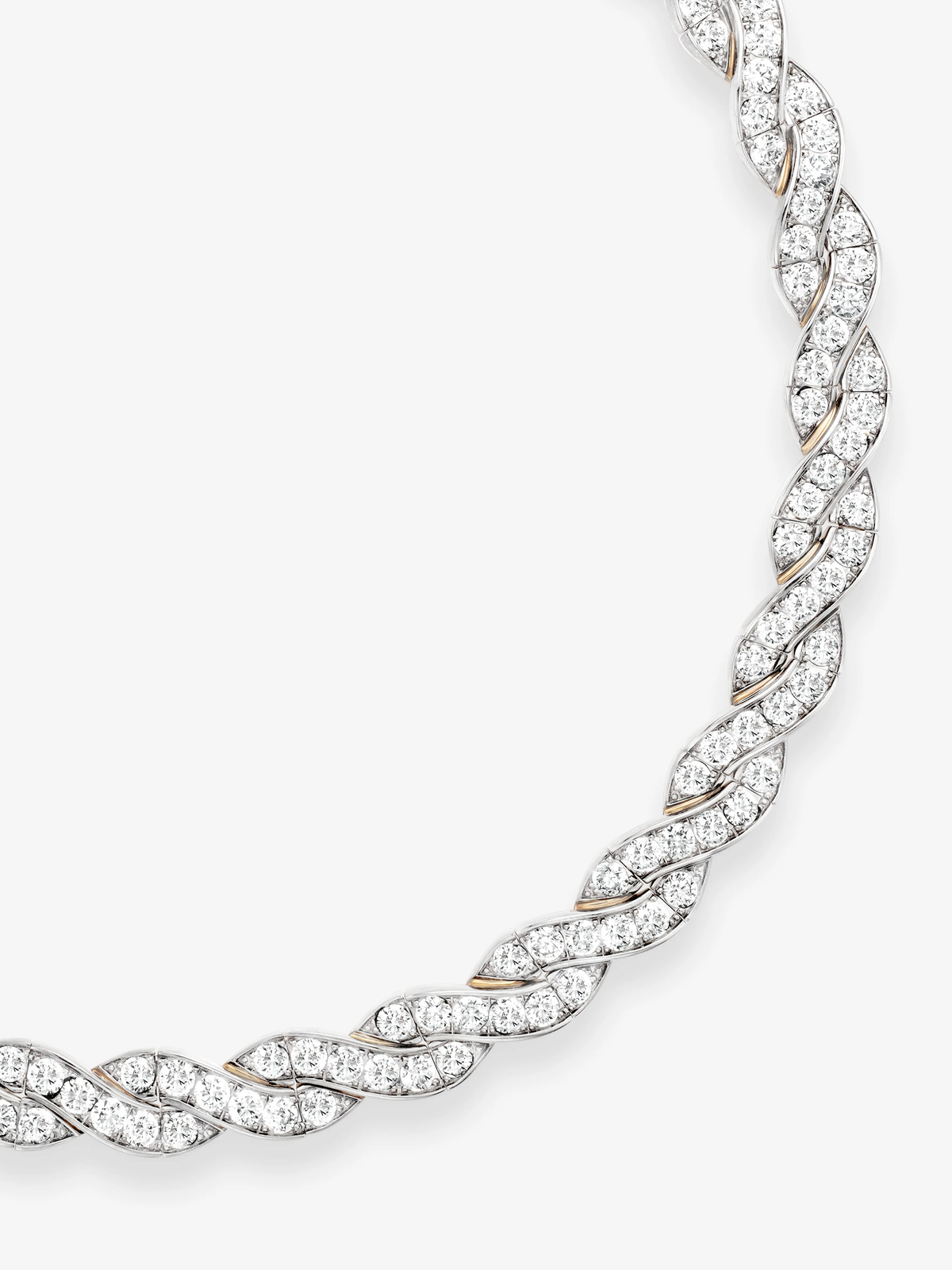 Close-up of a white gold ribbon necklace with intertwined diamond-set links forming a fluid, sculptural curve. View 4