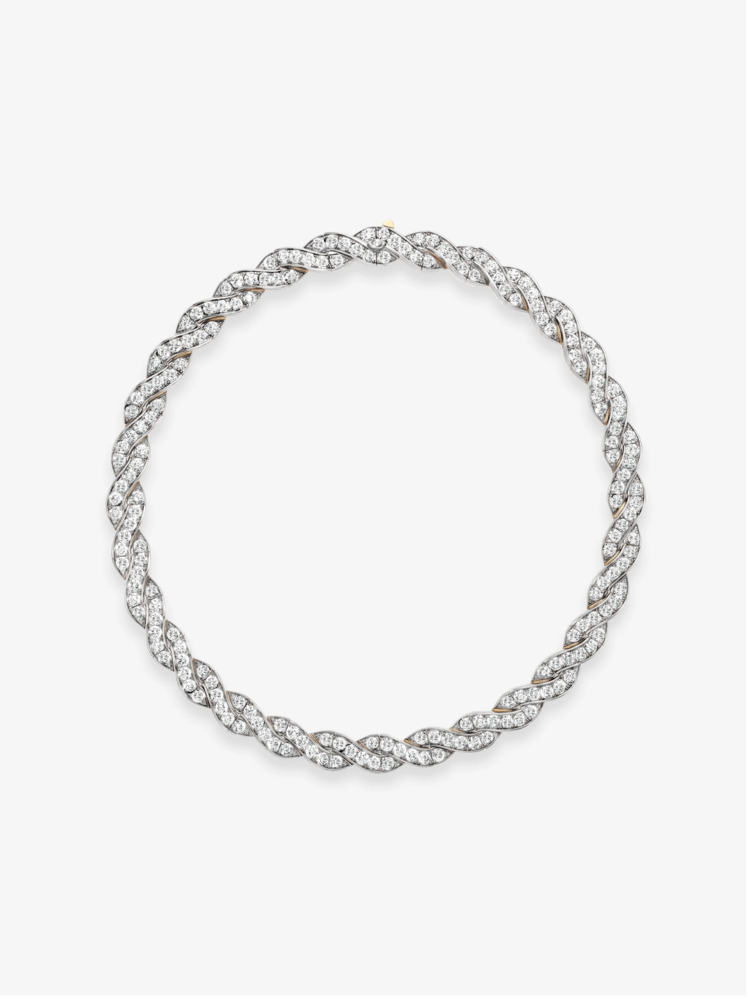 Jessica McCormack diamond and white gold ribbon necklace with intertwined bow-inspired links arranged in a circular silhouette  View 1