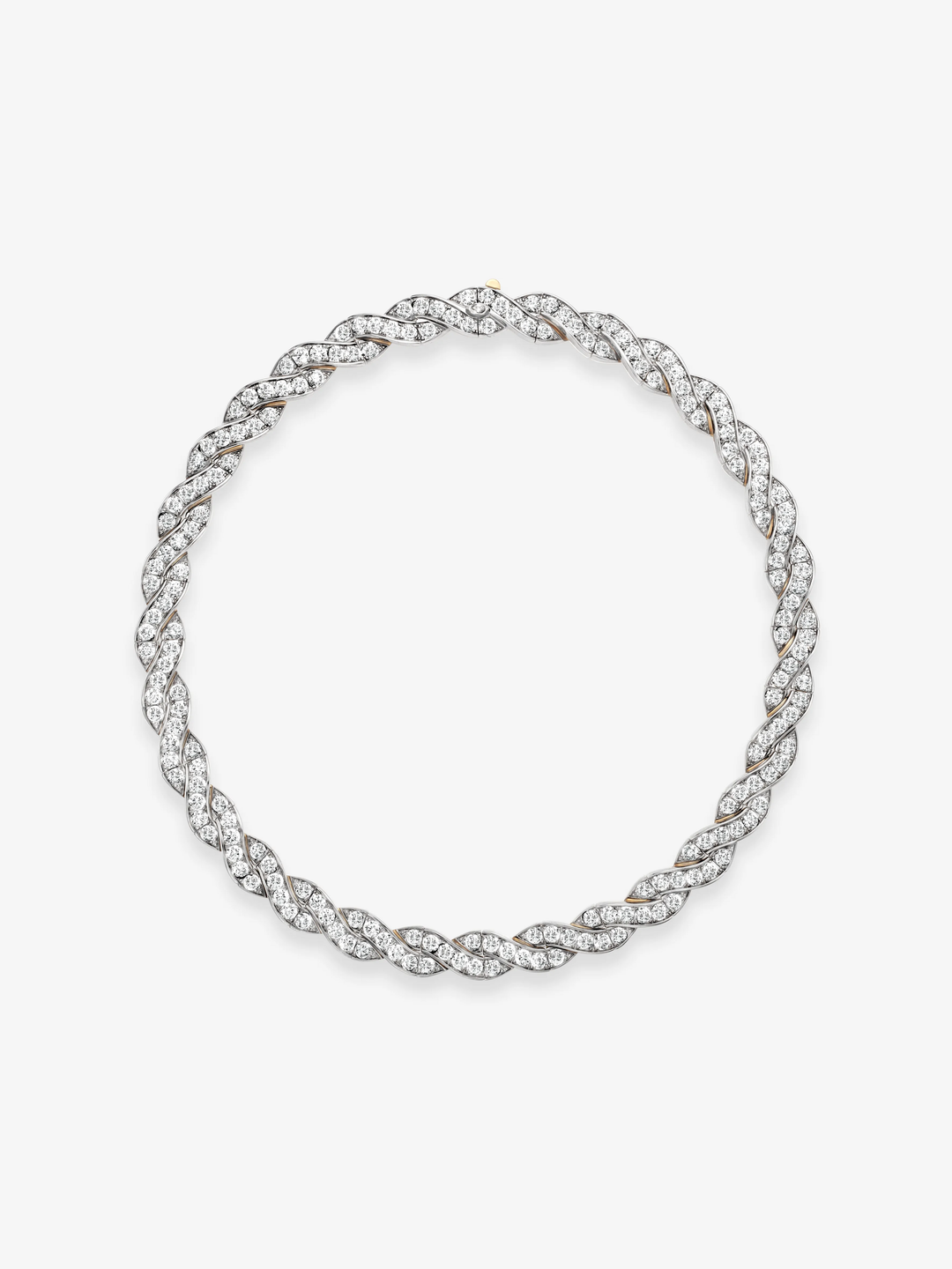 Jessica McCormack diamond and white gold ribbon necklace with interwoven strands of round brilliant diamonds forming a graceful circular design  View 1
