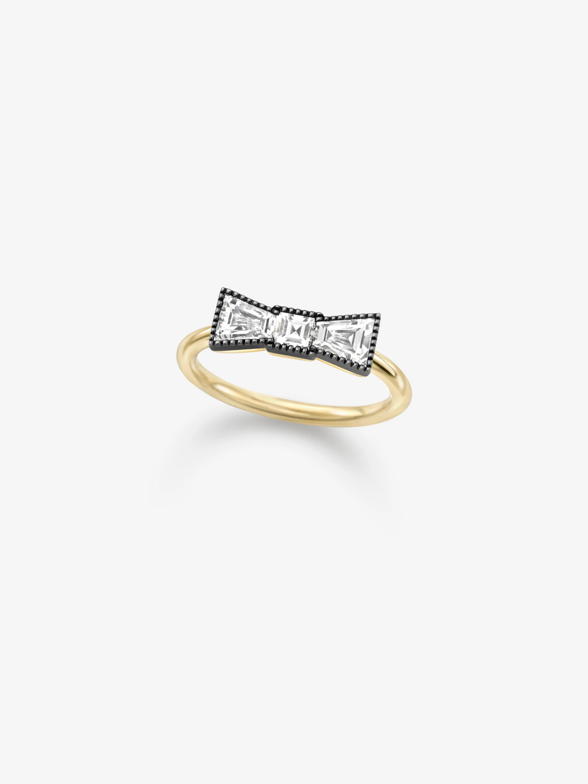 Diamond bow ring with a polished yellow gold band and contrasting blackened white gold bow set with round diamonds View 2