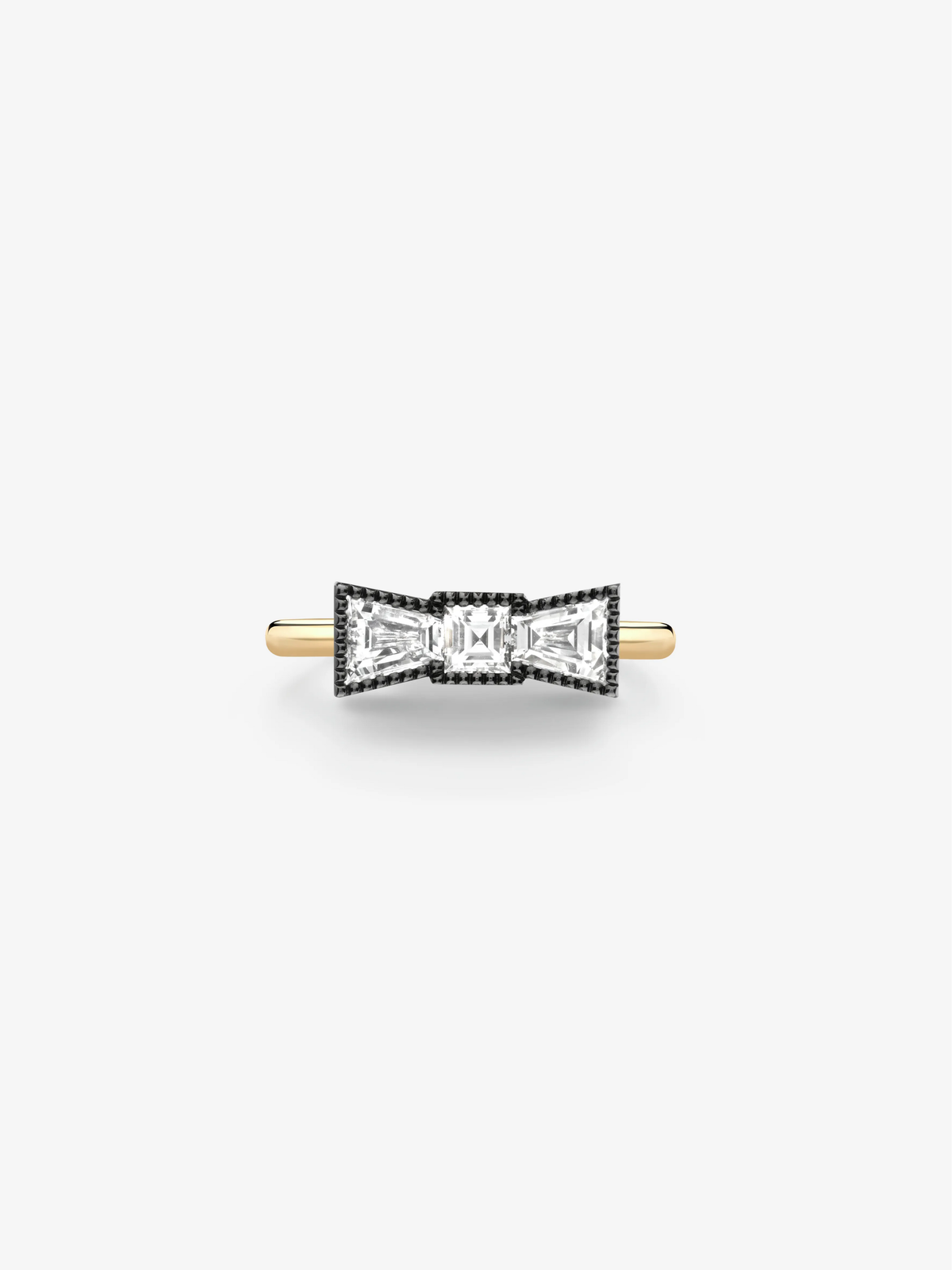 Jessica McCormack bow-shaped diamond ring with geometric diamond detailing and a polished gold band View 1