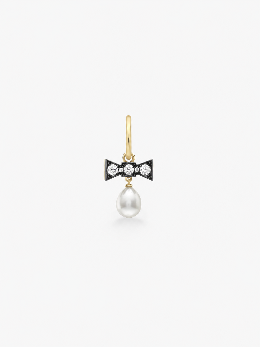 Jessica McCormack bow hoop earring in gold, featuring round brilliant cut diamonds and a single dangling pearl  View 1