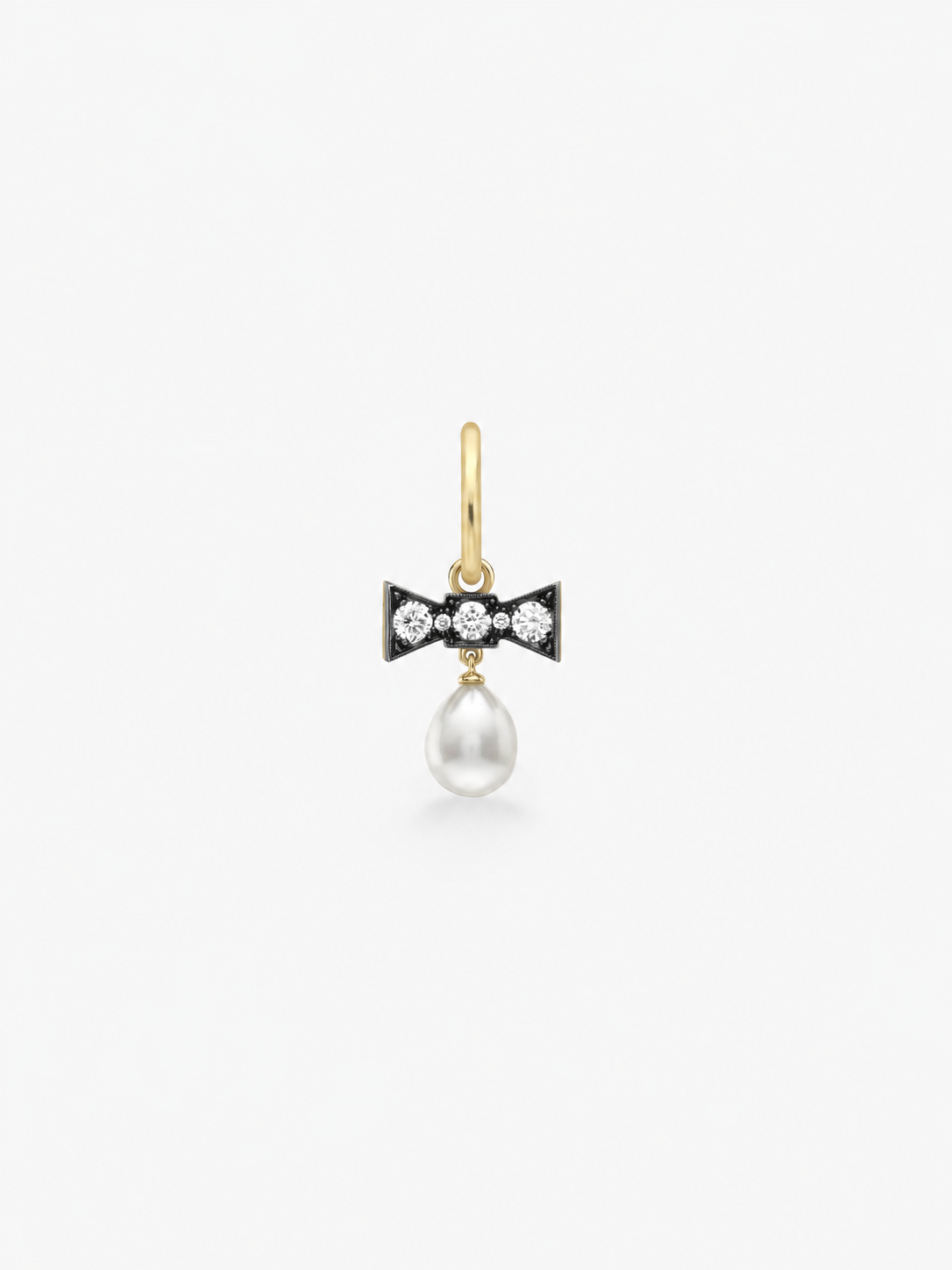 Jessica McCormack bow hoop earring in gold, featuring round brilliant cut diamonds and a single dangling pearl View 1