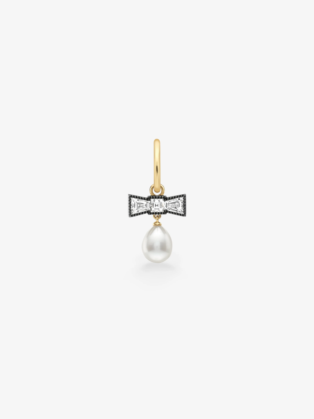 Jessica McCormack single gypset hoop earring in gold, featuring a diamond bow motif and a lustrous pearl drop.  View 1