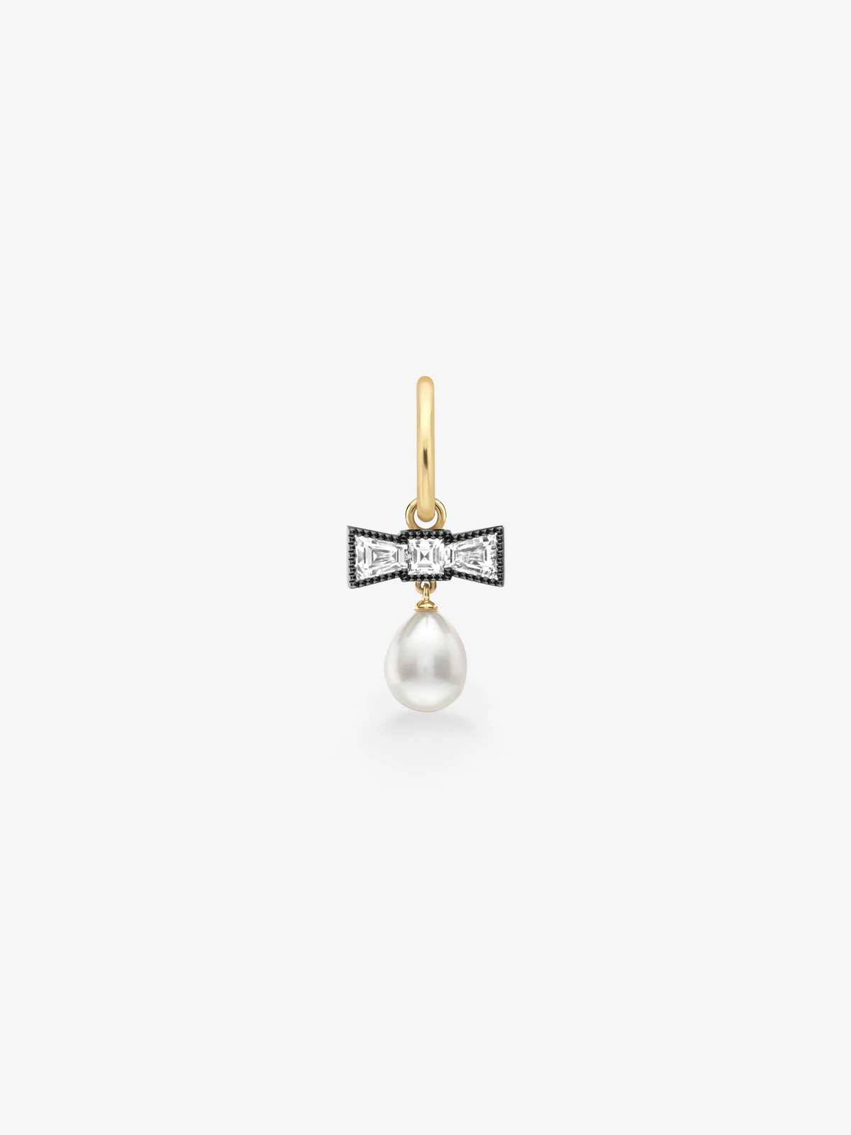 Jessica McCormack single gypset hoop earring in gold, featuring a diamond bow motif and a lustrous pearl drop. View 1