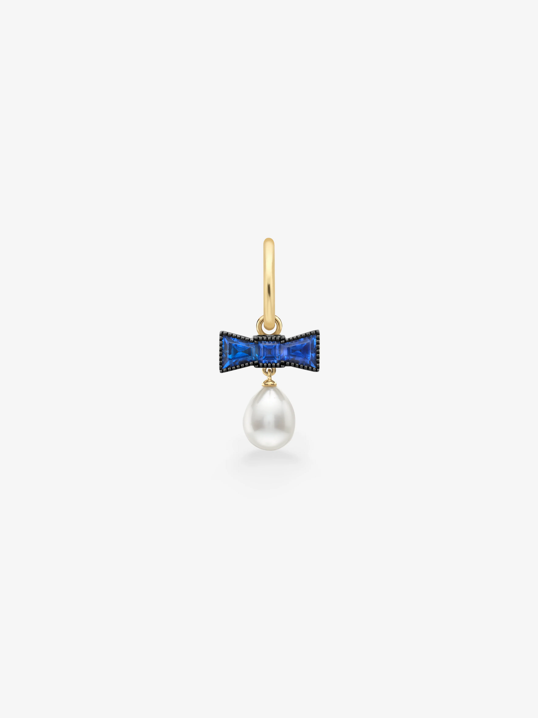 Jessica McCormack single gold hoop earring with a blue sapphire bow and dangling pearl  View 1