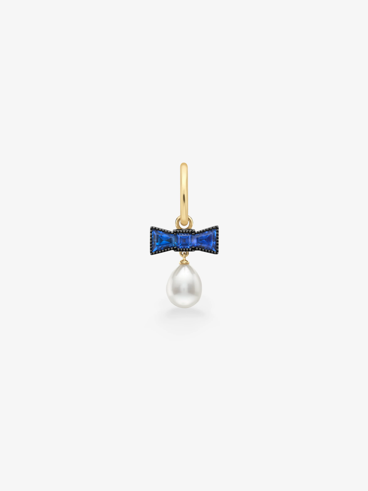 Jessica McCormack single gold hoop earring with a blue sapphire bow and dangling pearl View 1
