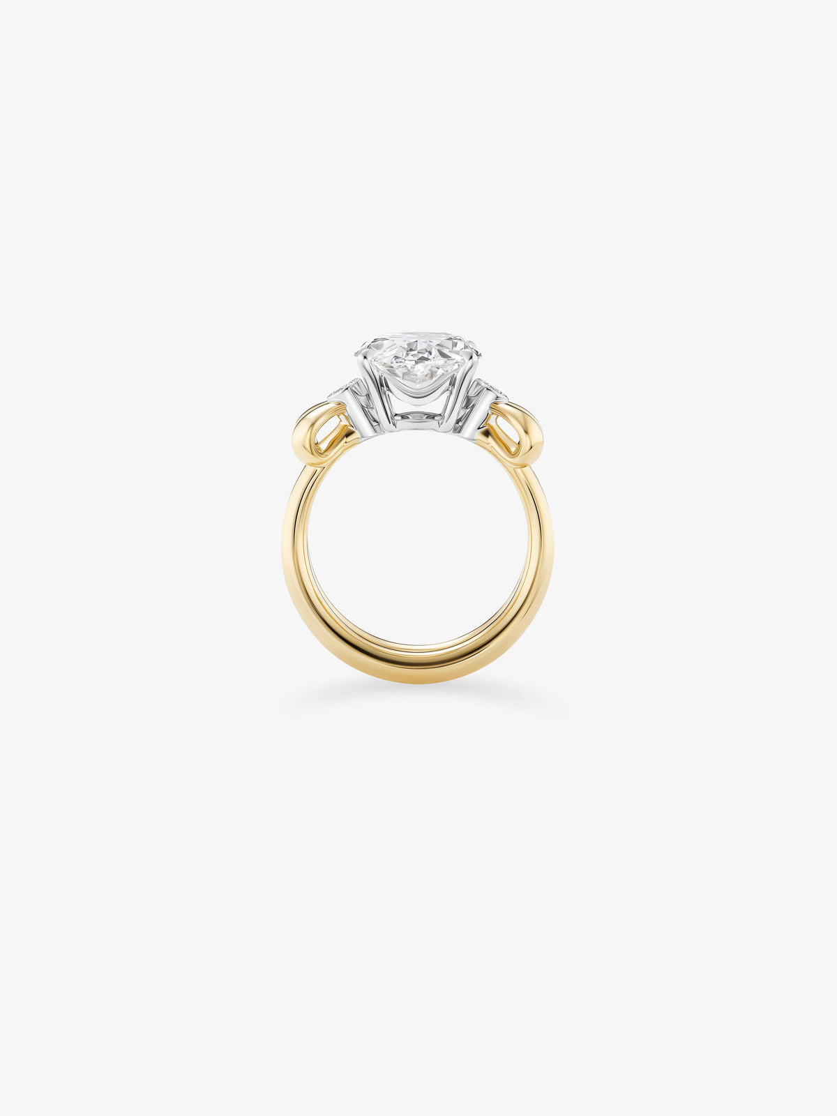 Oval diamond ring with a yellow gold band and contrasting white gold setting, shown from the side with a raised diamond and sculptural details View 3