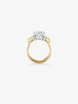 Oval diamond ring with a yellow gold band and contrasting white gold setting, shown from the side with a raised diamond and sculptural details