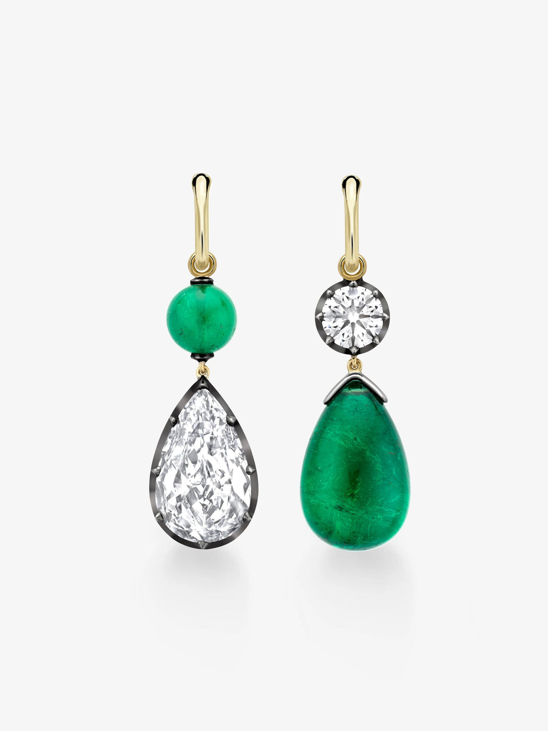 Asymmetric Cabochon Emerald & Pear-Shaped Diamond Hoop Earrings  View 1