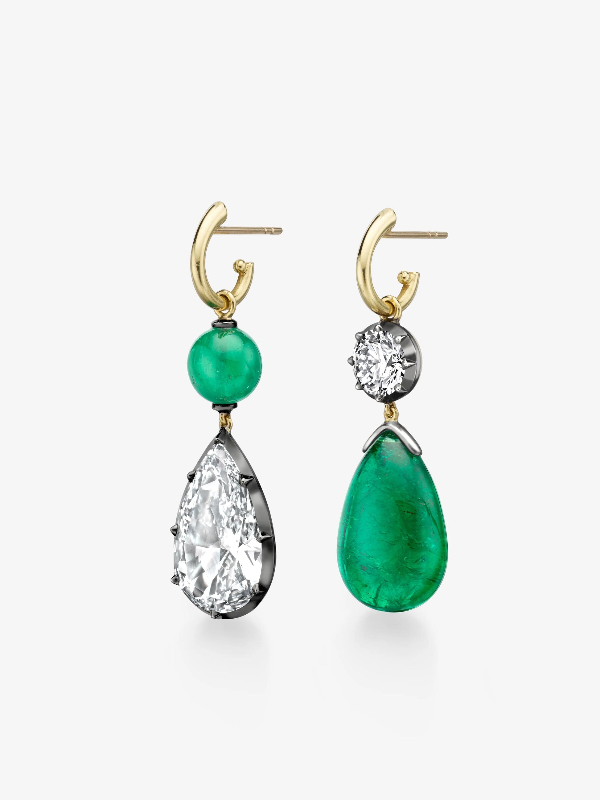 Asymmetric Cabochon Emerald & Pear-Shaped Diamond Hoop Earrings View 3
