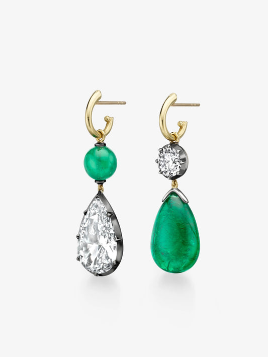 Asymmetric Cabochon Emerald & Pear-Shaped Diamond Hoop Earrings View 2