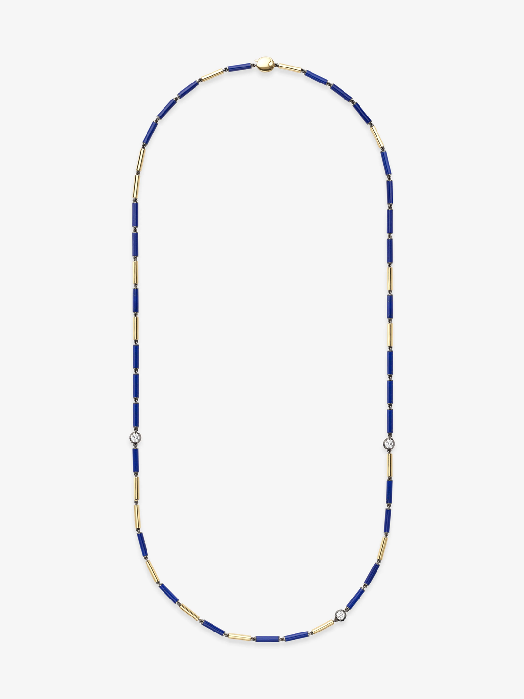 Long necklace featuring alternating cylindrical lapis lazuli beads and gold links with three delicate round diamonds, showcasing fine craftsmanship and contemporary design.  View 1