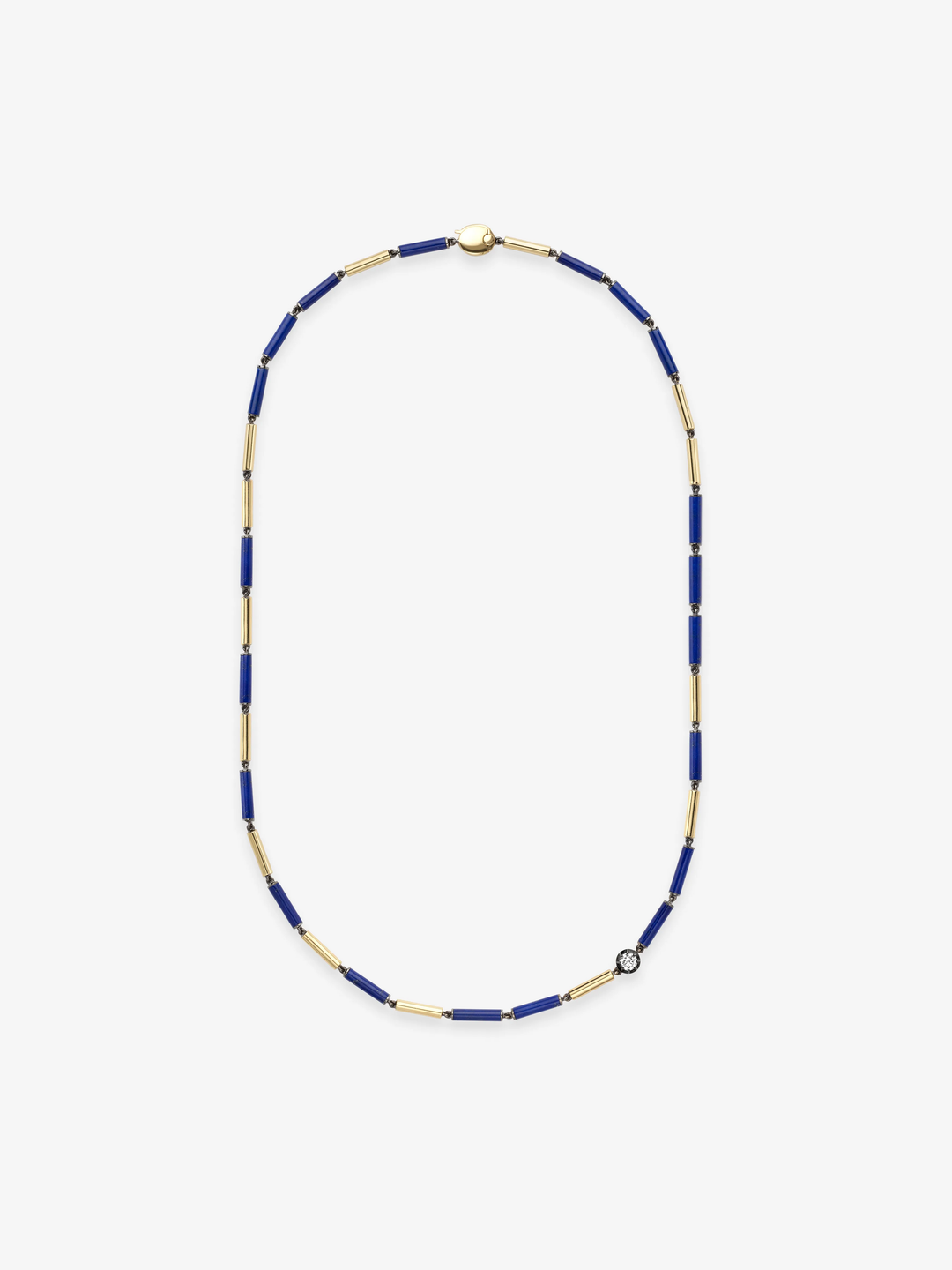 Delicate necklace featuring alternating gold and deep blue lapis barrel beads with a single bezel-set diamond, showcasing artisanal craftsmanship and timeless design.  View 1