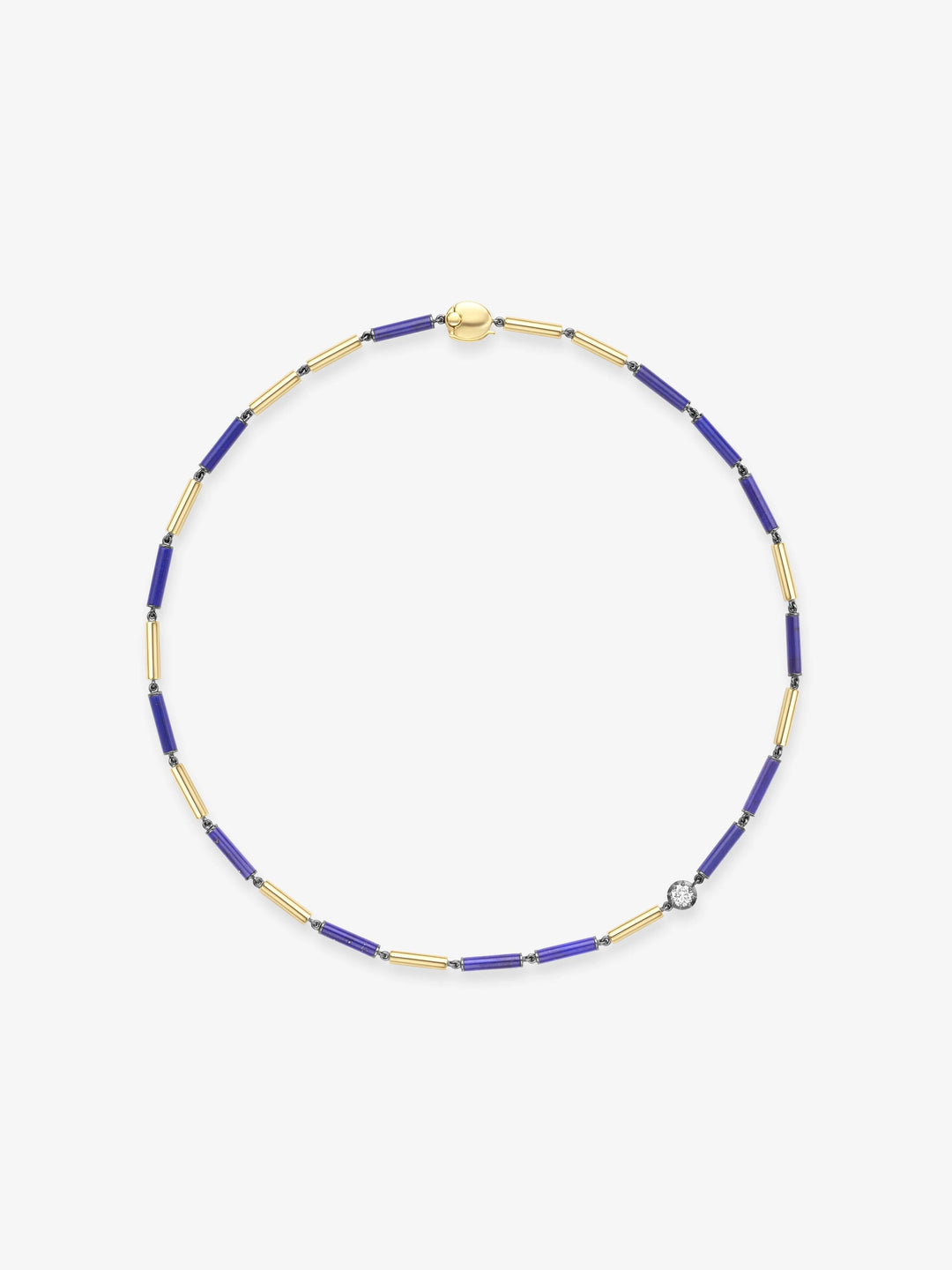 Delicate necklace featuring alternating gold and lapis cylindrical beads with a single diamond accent, showcasing Jessica McCormack’s blend of antique inspiration and modern craftsmanship.  View 1
