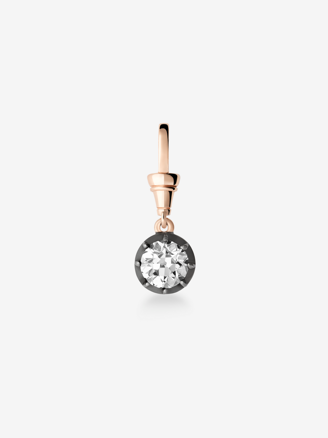 Rose gold pendant featuring a 2.49ct round brilliant diamond set in a handcrafted vintage-inspired bezel with blackened gold details.  View 1