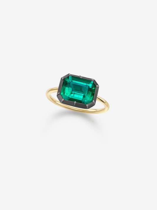 2.96ct East-West Emerald Cut Emerald Button Back Ring View 2