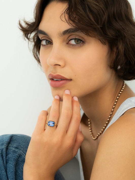 4.86ct East-West Emerald Cut Sapphire Button Back Ring View 3