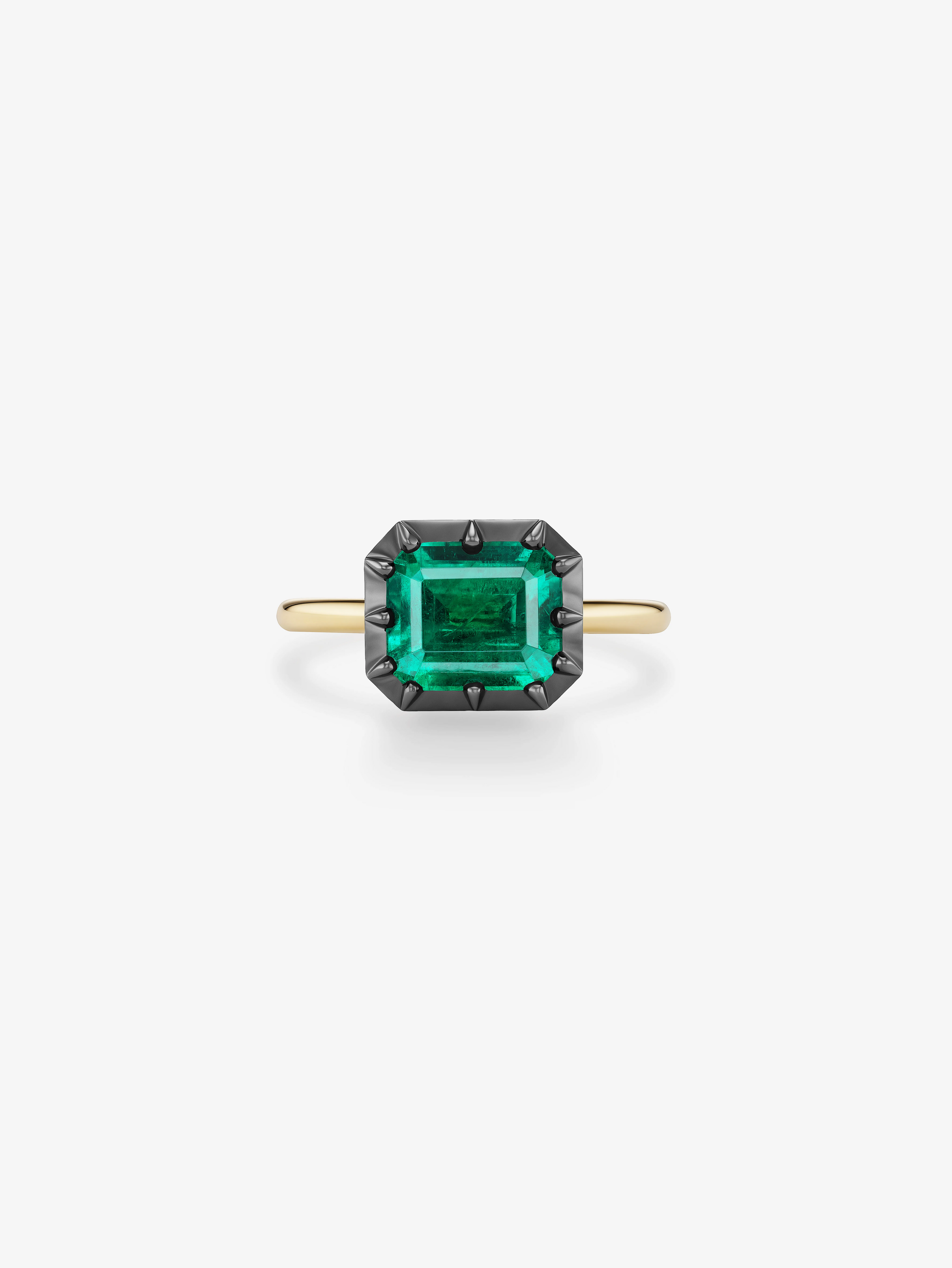 3.15ct East-West Emerald Cut Emerald Button Back Ring View 1