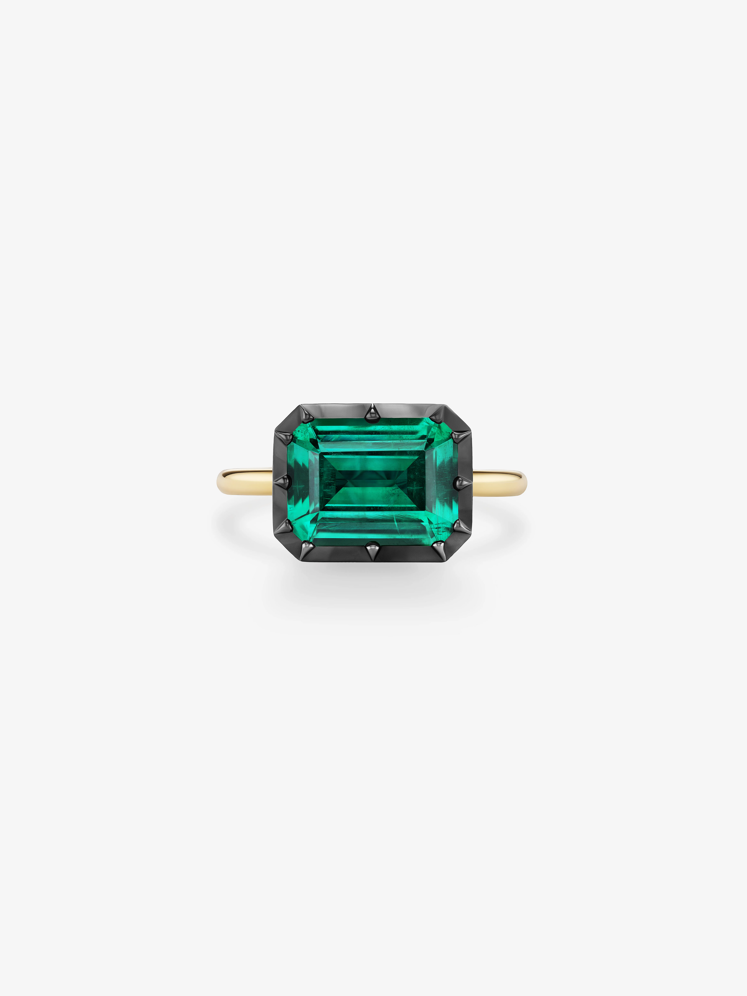 4.16ct East-West Emerald Cut Emerald Button Back Ring View 1
