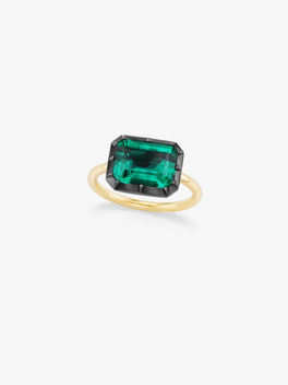 4.16ct East-West Emerald Cut Emerald Button Back Ring