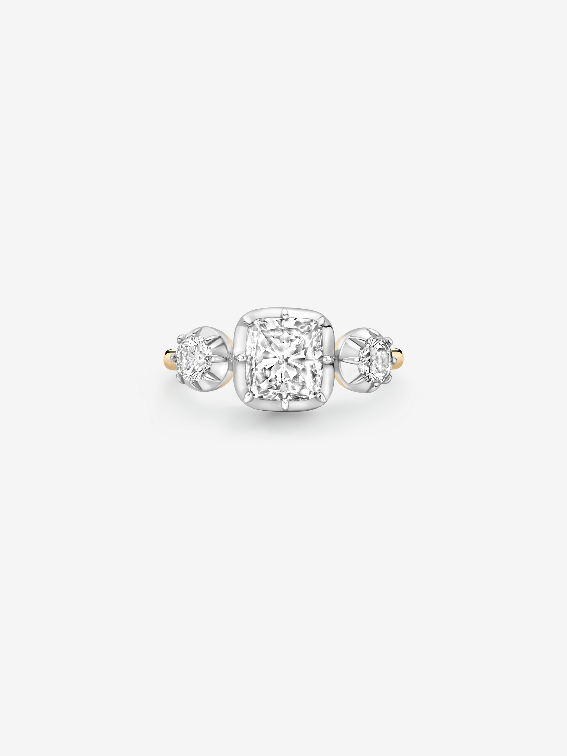 1.50ct Three Stone Cushion Diamond Button Back Ring View 1